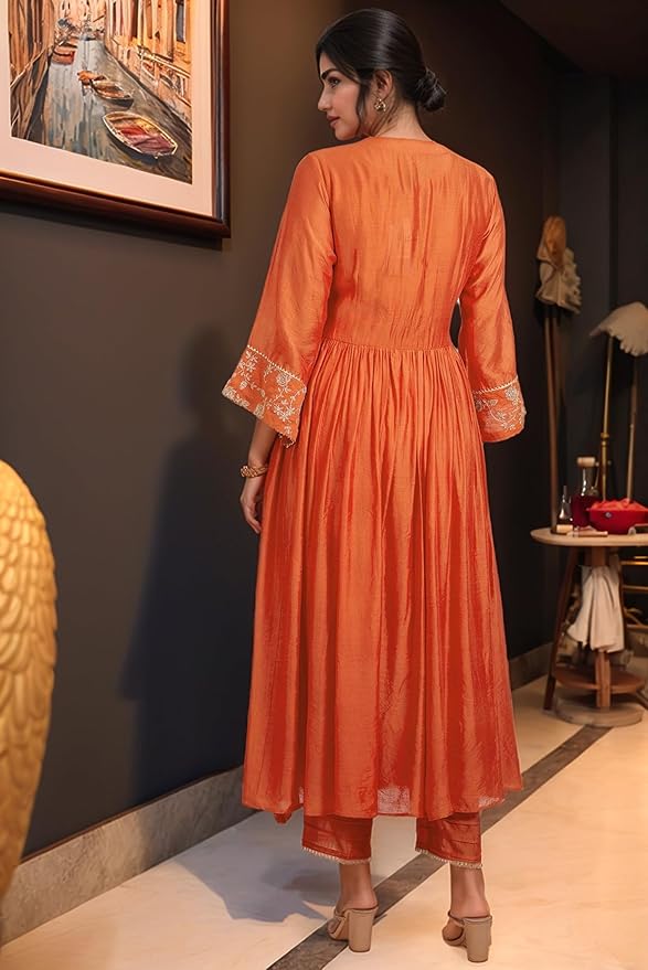 Women's Rayon Viscose Anarkali Embroidered Kurta with Pant & Dupatta