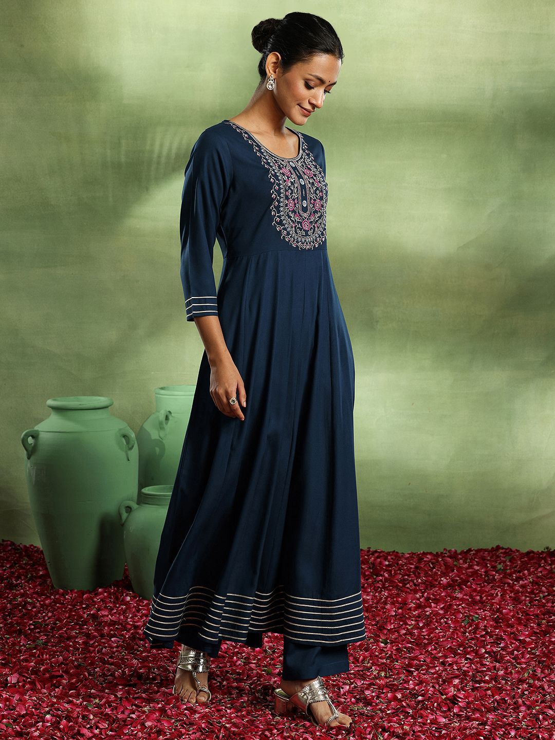 Womens Navy Blue Yoke Design Viscose Anarkali Kurta With Trousers & Dupatta
