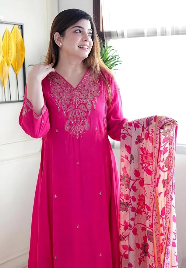 Women Silk Embroidery Kurta and Pant Set with Dupatta