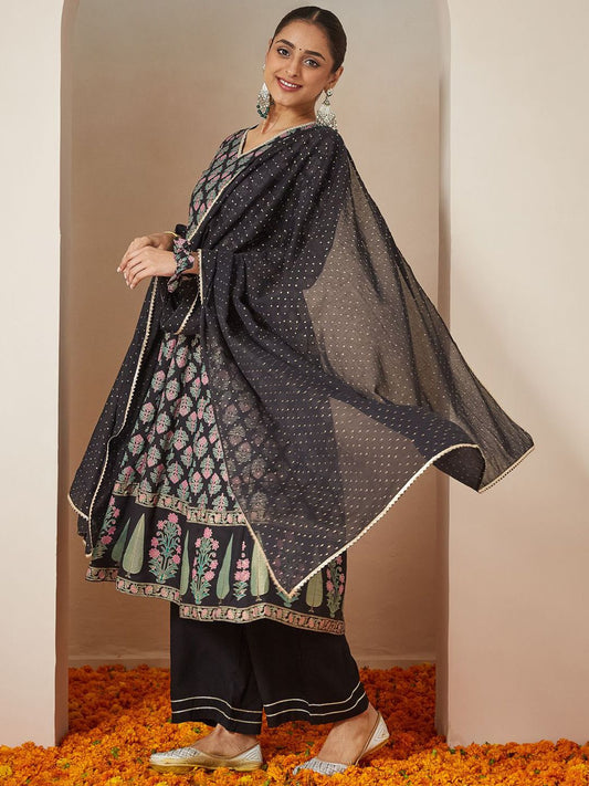 Women Black Ethnic Motifs Printed A-Line Kurta with Palazzos & Dupatta Rayon Set