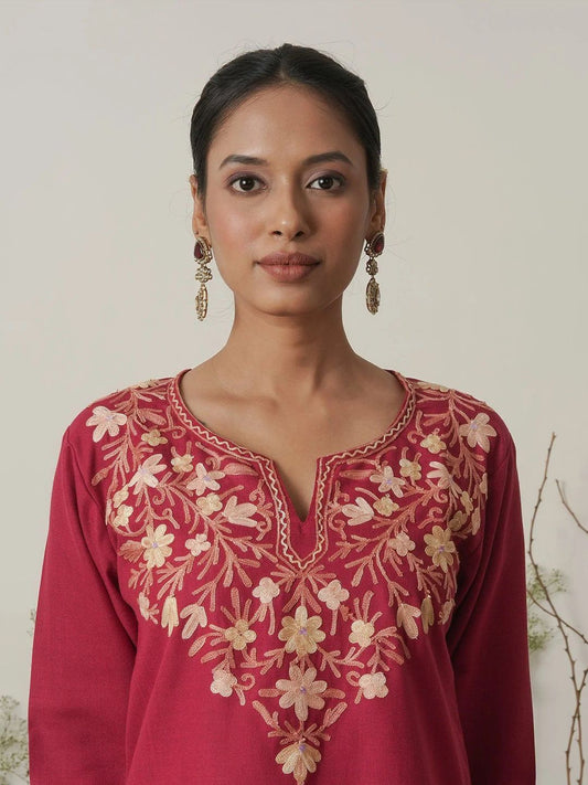 Women Maroon Floral Embroidered Daily Cotton Straight Kurta