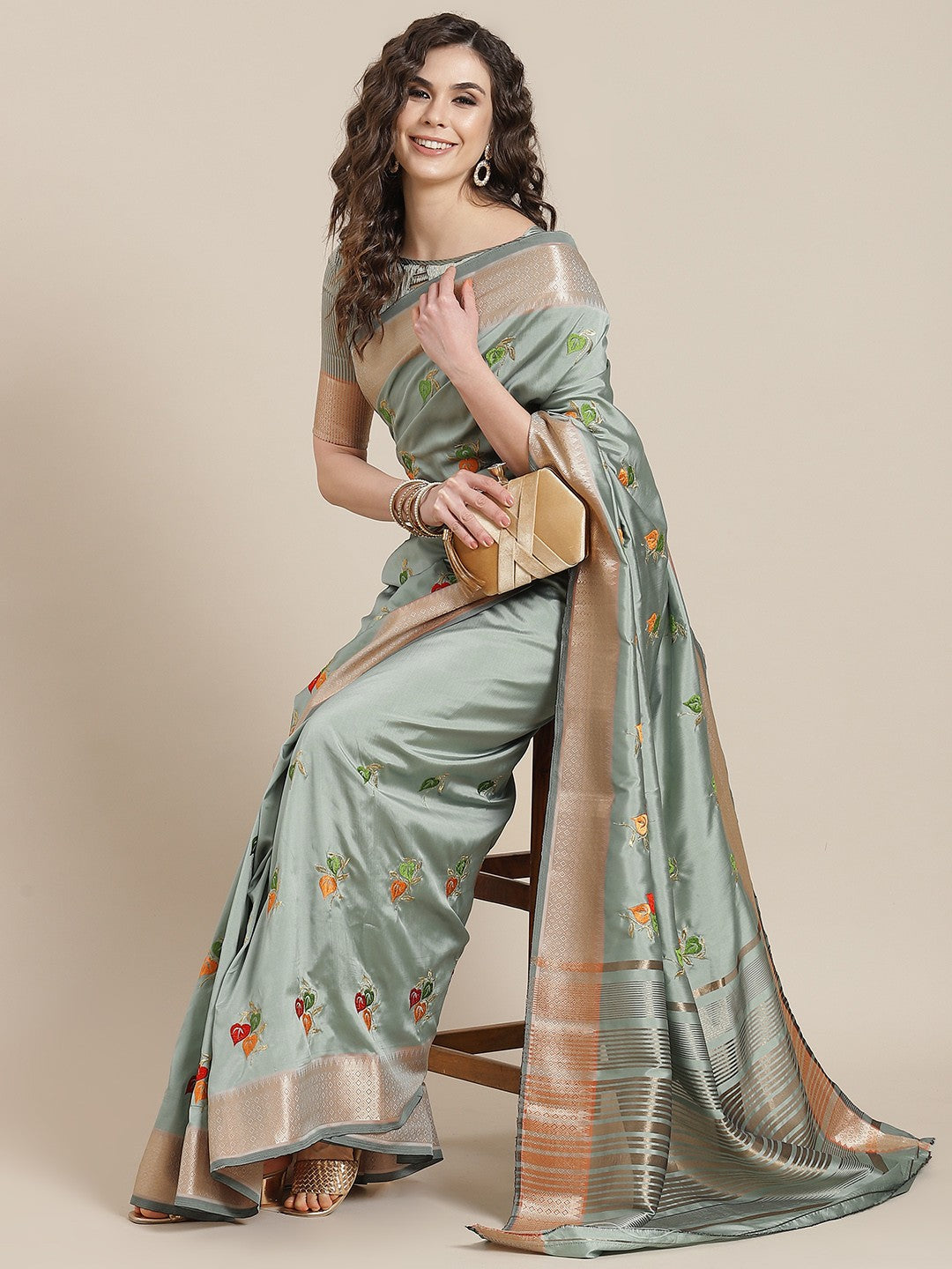 Blue Floral Embroidered Chanderi Saree