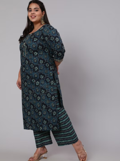 Women Plus Size Blue Floral Printed Pure Cotton Kurta with Palazzo & Dupatta