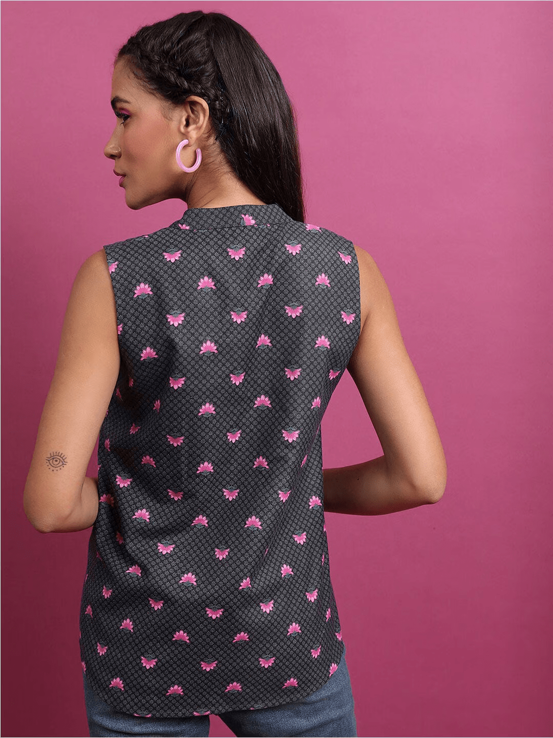 Floral Printed Mandarin Collar Empire Top