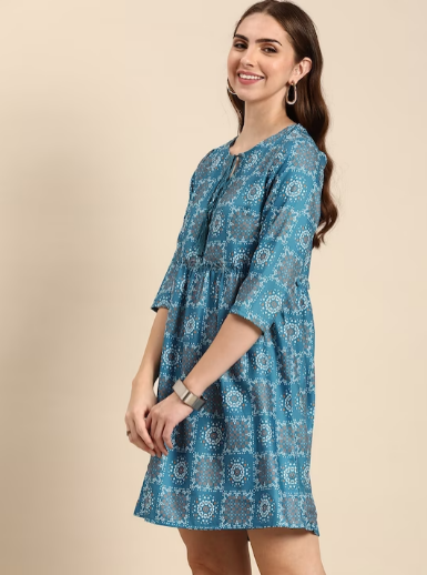 Ethnic Motifs Print Tie-Up Neck A-Line Dress