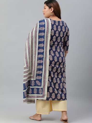 Women Plus Size Blue Printed Indigo Pure Cotton Kurta with Palazzo & Dupatta