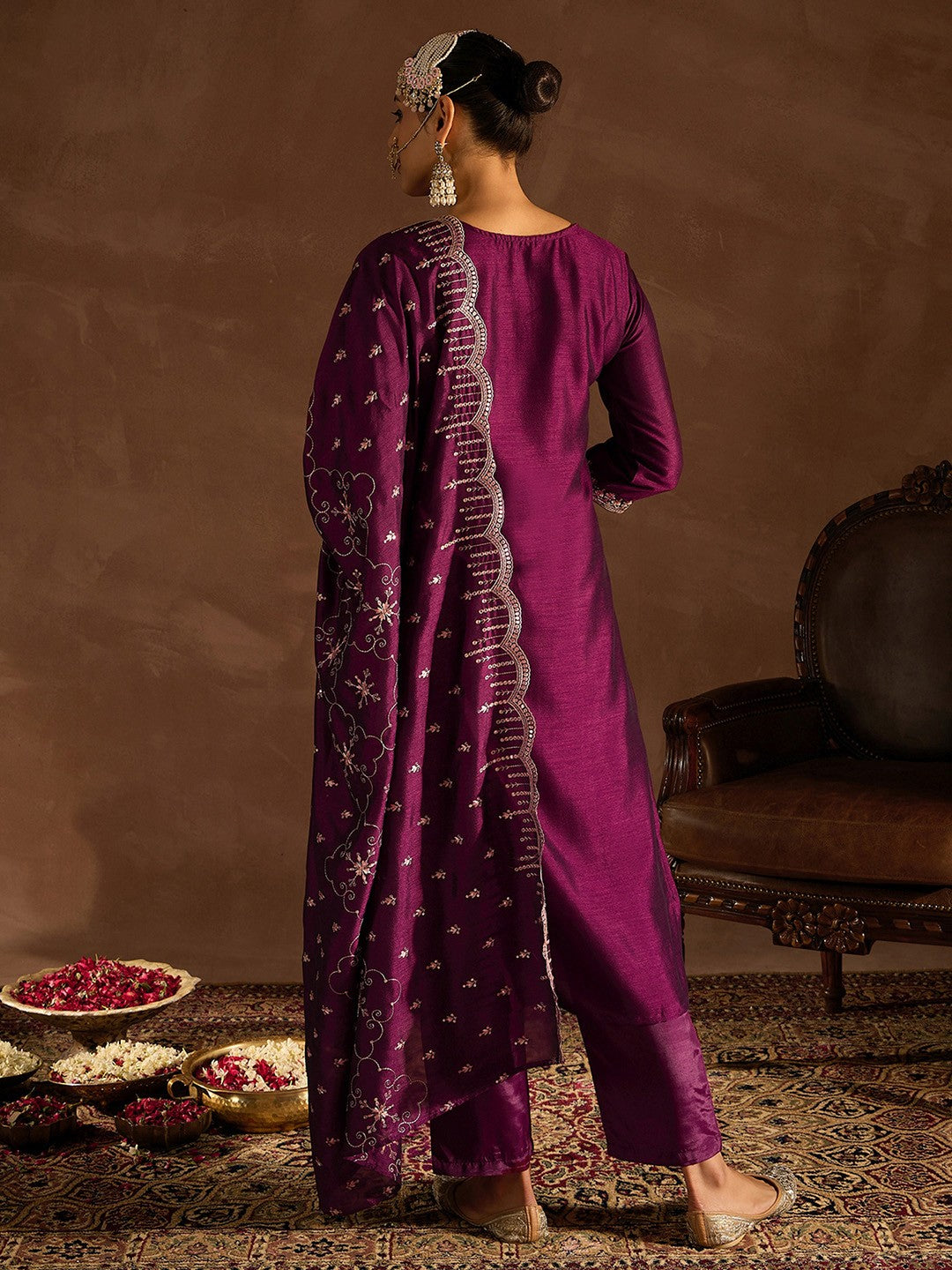 Burgundy Embroidered Regular Thread Work Straight Kurta With Trousers & Dupatta