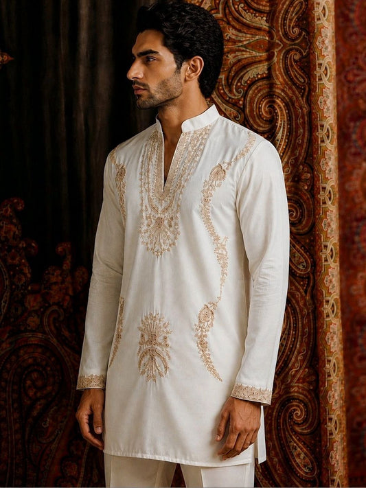 Men Ethnic Motifs Embroidered Regular Thread Work Kurta with Pyjamas (Cream)