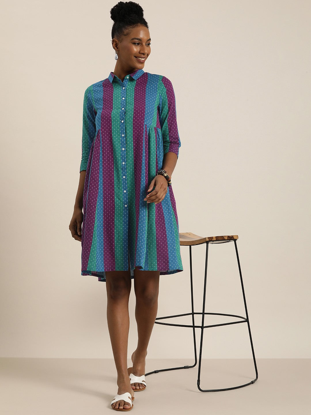 Woven Legacy Striped & Floral Micro-Ditsy Pure Cotton Shirt Stytle Ethnic Dress