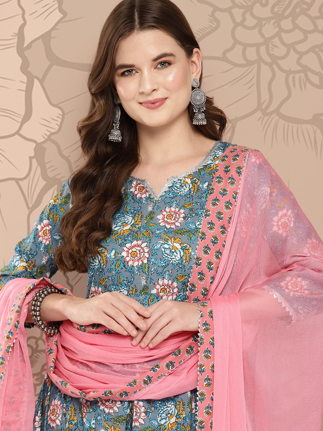 Women Floral Printed Gotta Patti Pure Cotton Kurta with Palazzos & With Dupatta