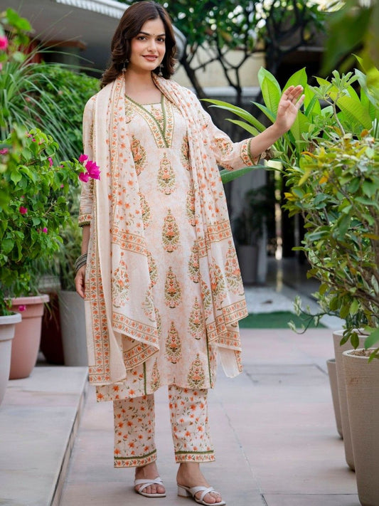 Women Floral Printed Regular Pure Cotton Kurta with Trousers & With Dupatta