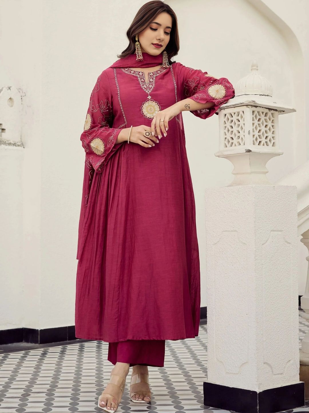 Women Ethnic Motifs Embroidered Regular Thread Work Kurta with Palazzos & With Dupatta