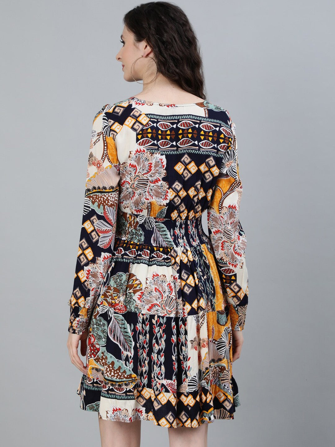 Multicoloured Tropical Print Fit and Flare Dress