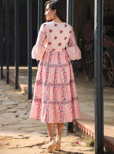 Pink & Blue Floral Printed Cotton Bell Sleeves Tiered Midi Dress