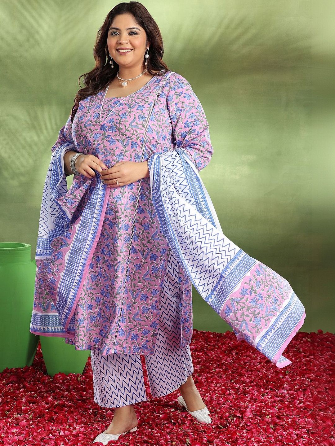 Plus Size Purple Printed Cotton Straight Suit With Dupatta