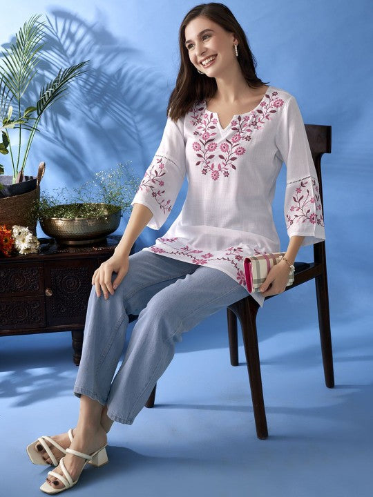Floral Embroidered Thread Work Liva Thread Work Kurti
