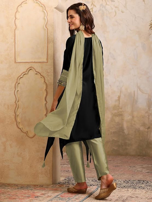 Women's Cotton Silk Embroidered Asymmetric Kurta Pant with Choker Dupatta Set