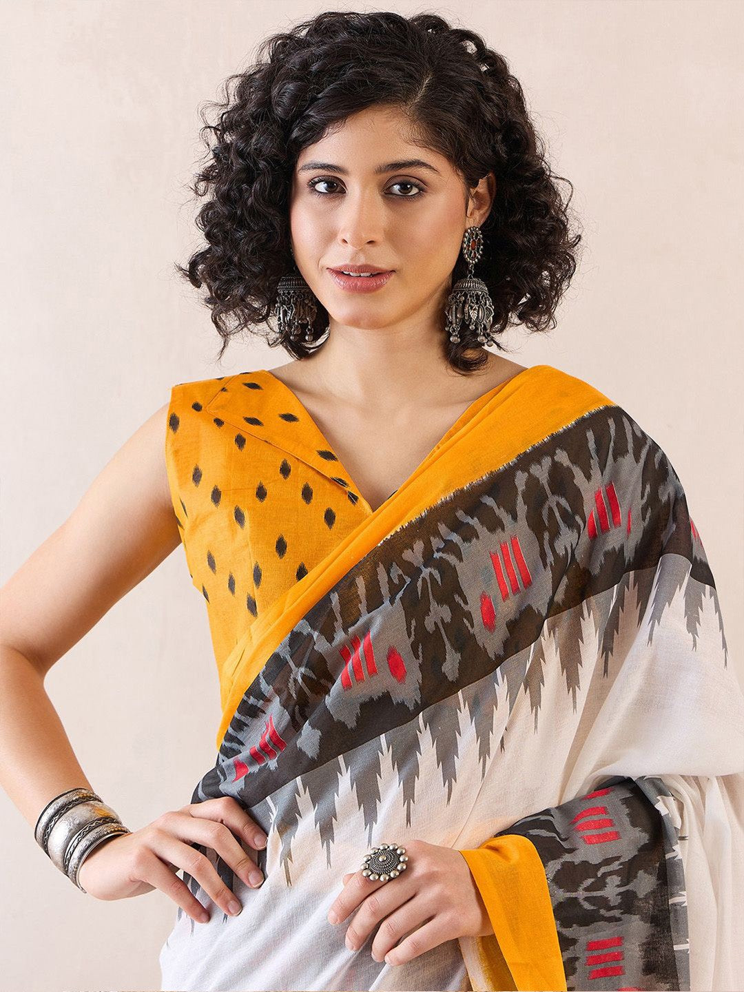 Ethnic Motifs Poly Cotton Ready To Wear Ikat Saree
