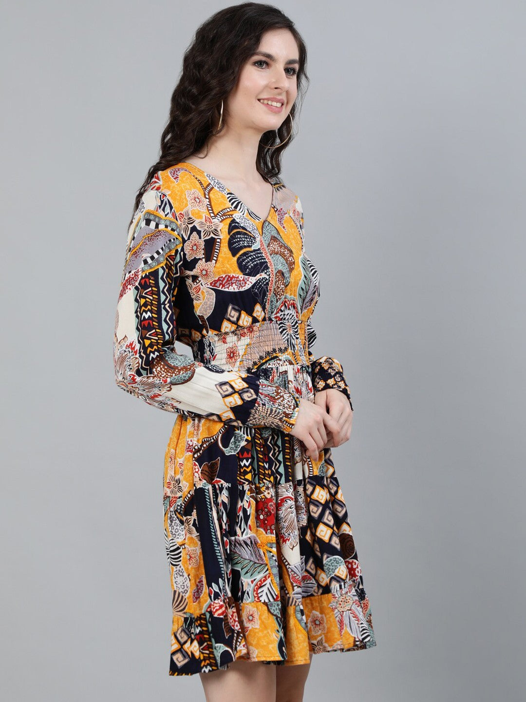 Multicoloured Tropical Print Fit and Flare Dress