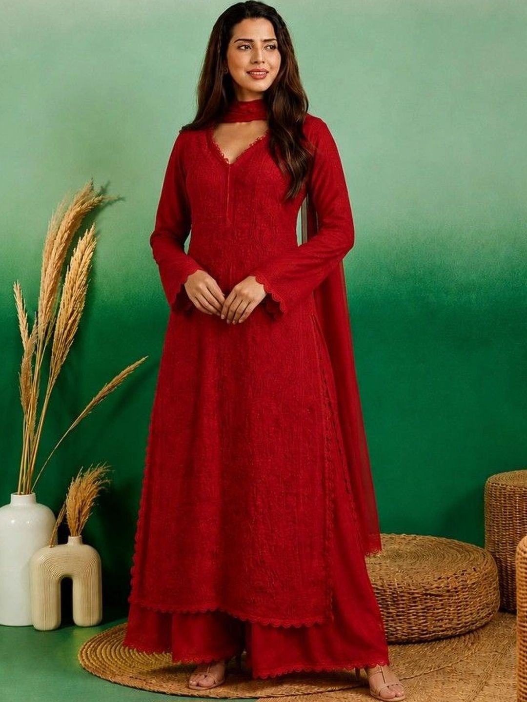 Women Ethnic Motifs Embroidered Regular Chikankari Kurta with Palazzos & With Dupatta