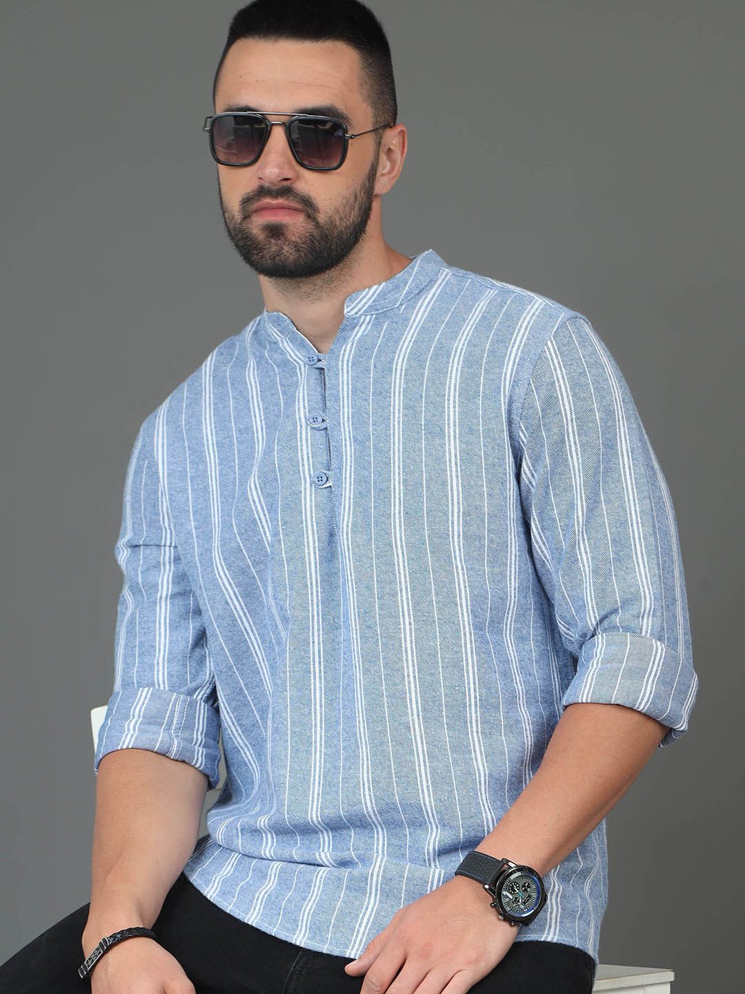 Blue & White Striped Printed Mandarin Collar Cotton Straight Short Kurta