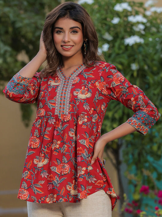 Floral Printed V-Neck Kantha Work Pure Cotton Kantha Work Kurti