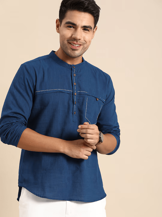 Men Navy Blue Thread Work Kurta