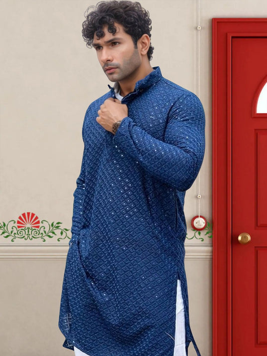 Men Ethnic Motifs Sequins Embroidered Mandarin Collar Kurta