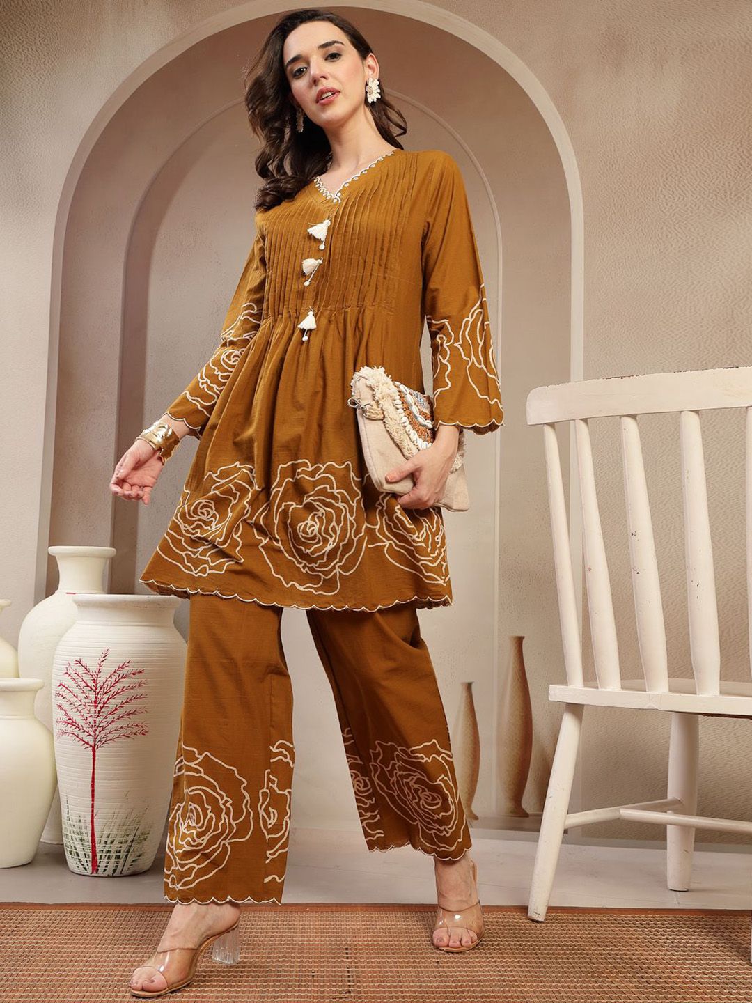 Embroidered V-Neck Pure Cotton Tunic & Palazzo