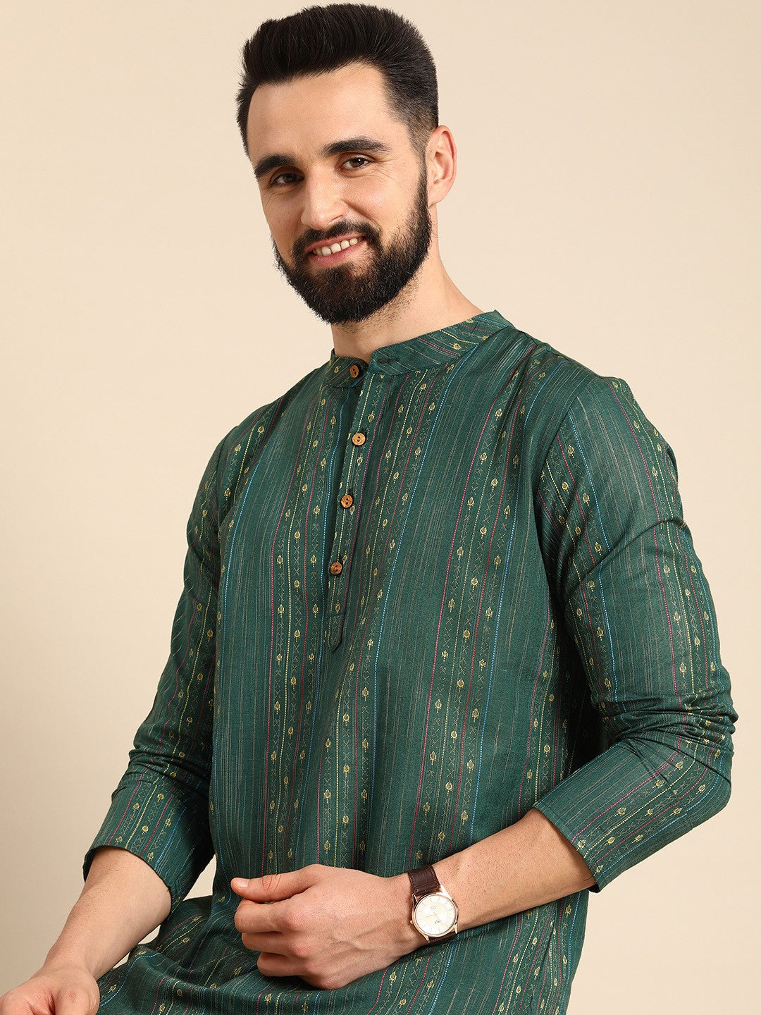 Men Green & Gold-Toned Striped Thread Work Straight Short Kurta