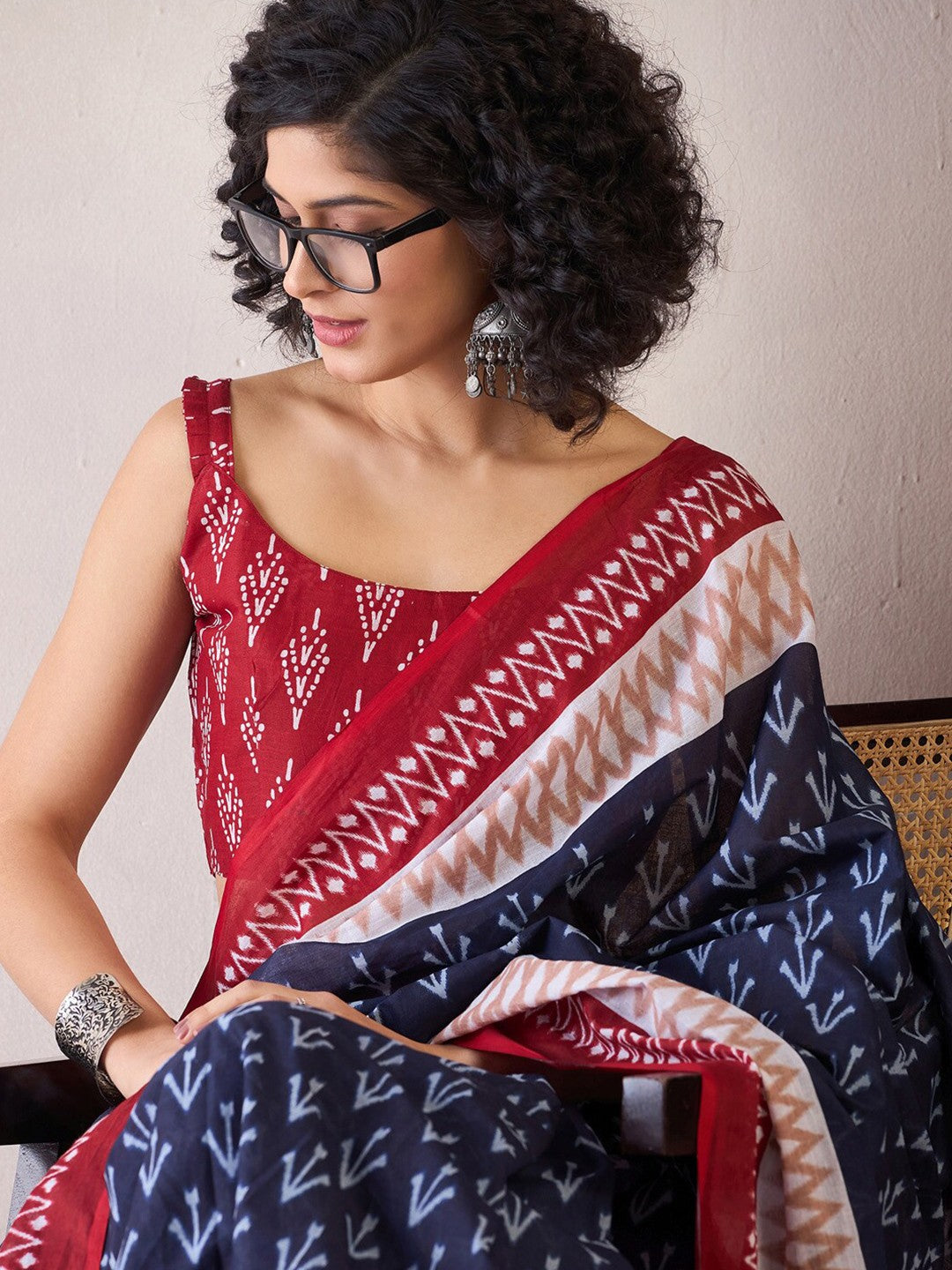 Ethnic Motifs Poly Cotton Ready To Wear Ikat Saree