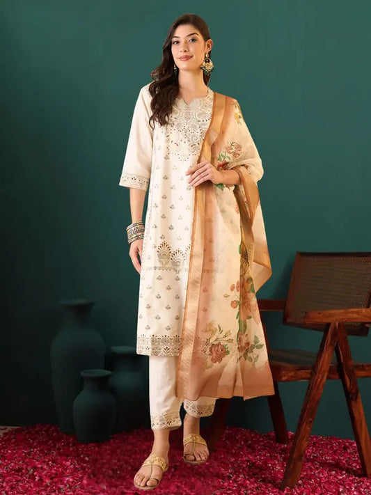 Women Cotton Blend Kurta Pant Dupatta Set