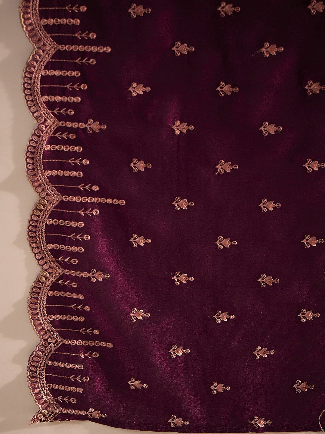 Burgundy Embroidered Regular Thread Work Straight Kurta With Trousers & Dupatta
