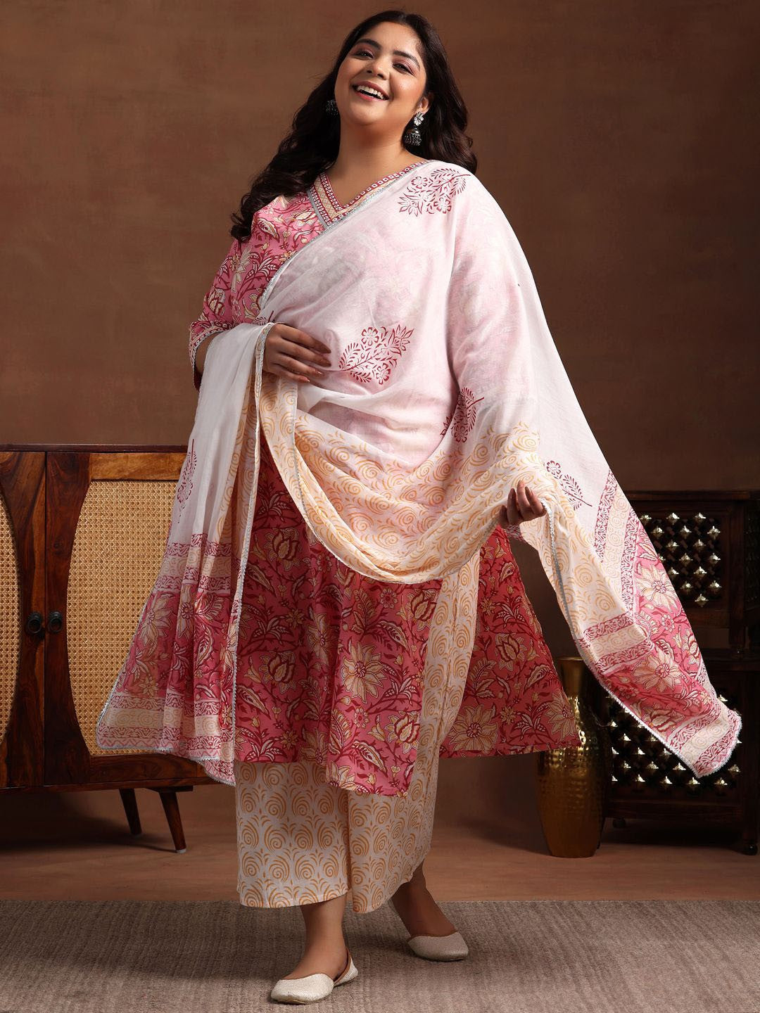 Plus Size Floral Printed Pure Cotton Kurta with Palazzo & Dupatta