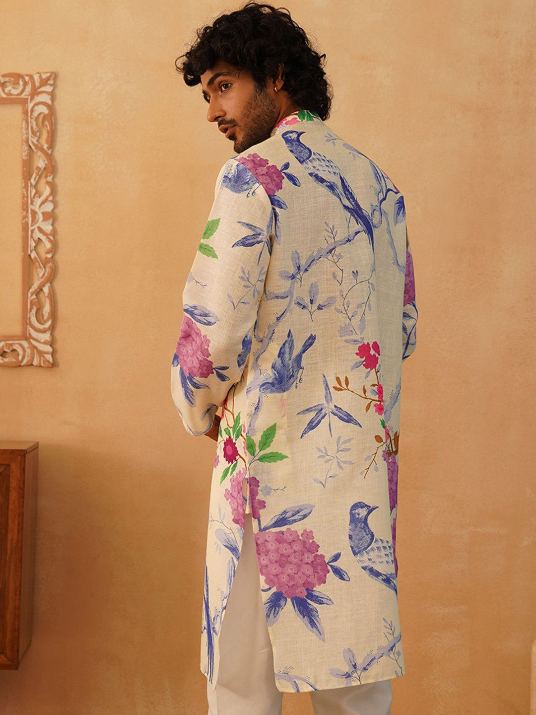 Floral Printed Band Collar Pure Cotton Straight Kurta