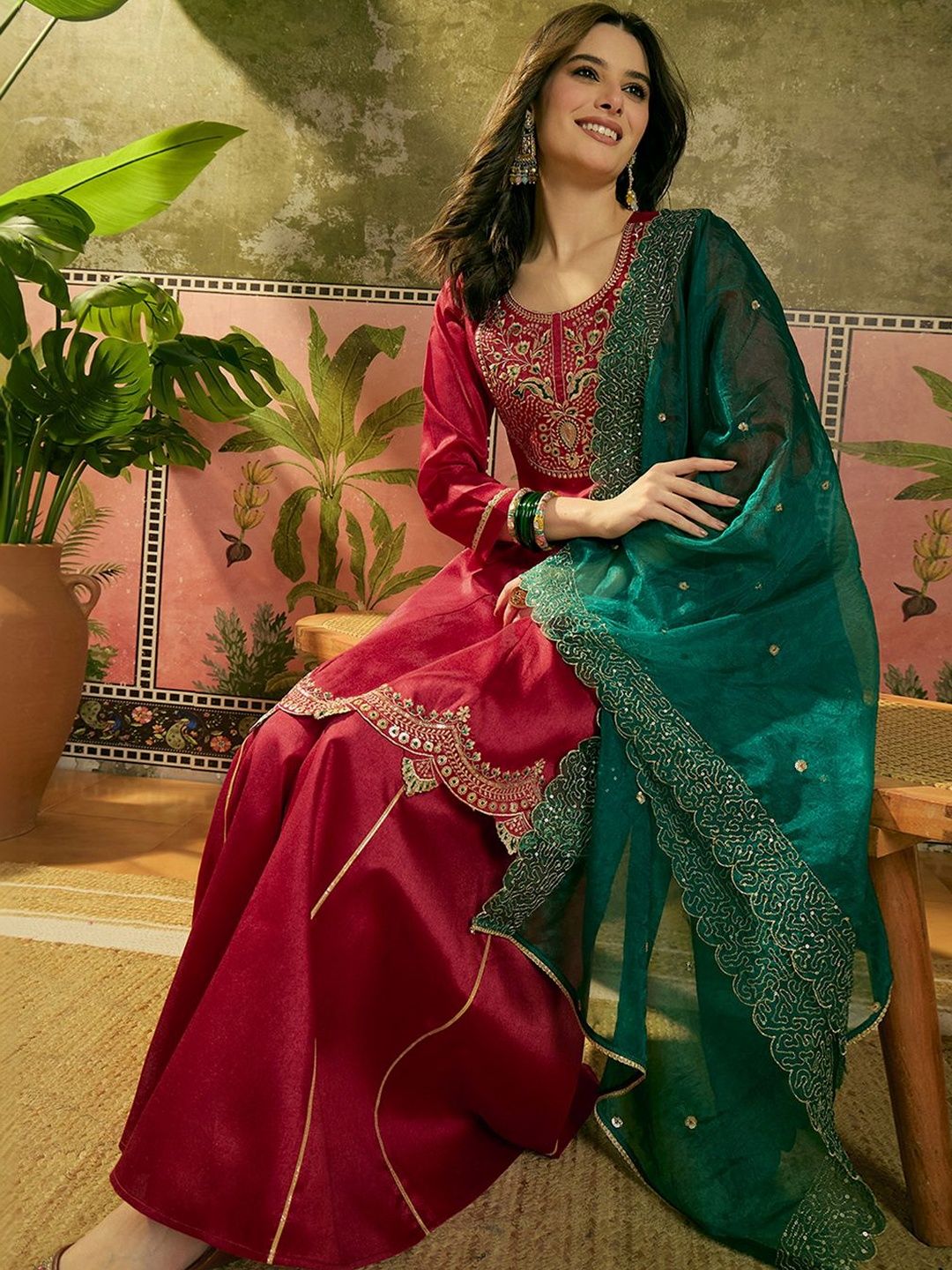 Embroidered A-Line Kurta With Palazzo & Dupatta