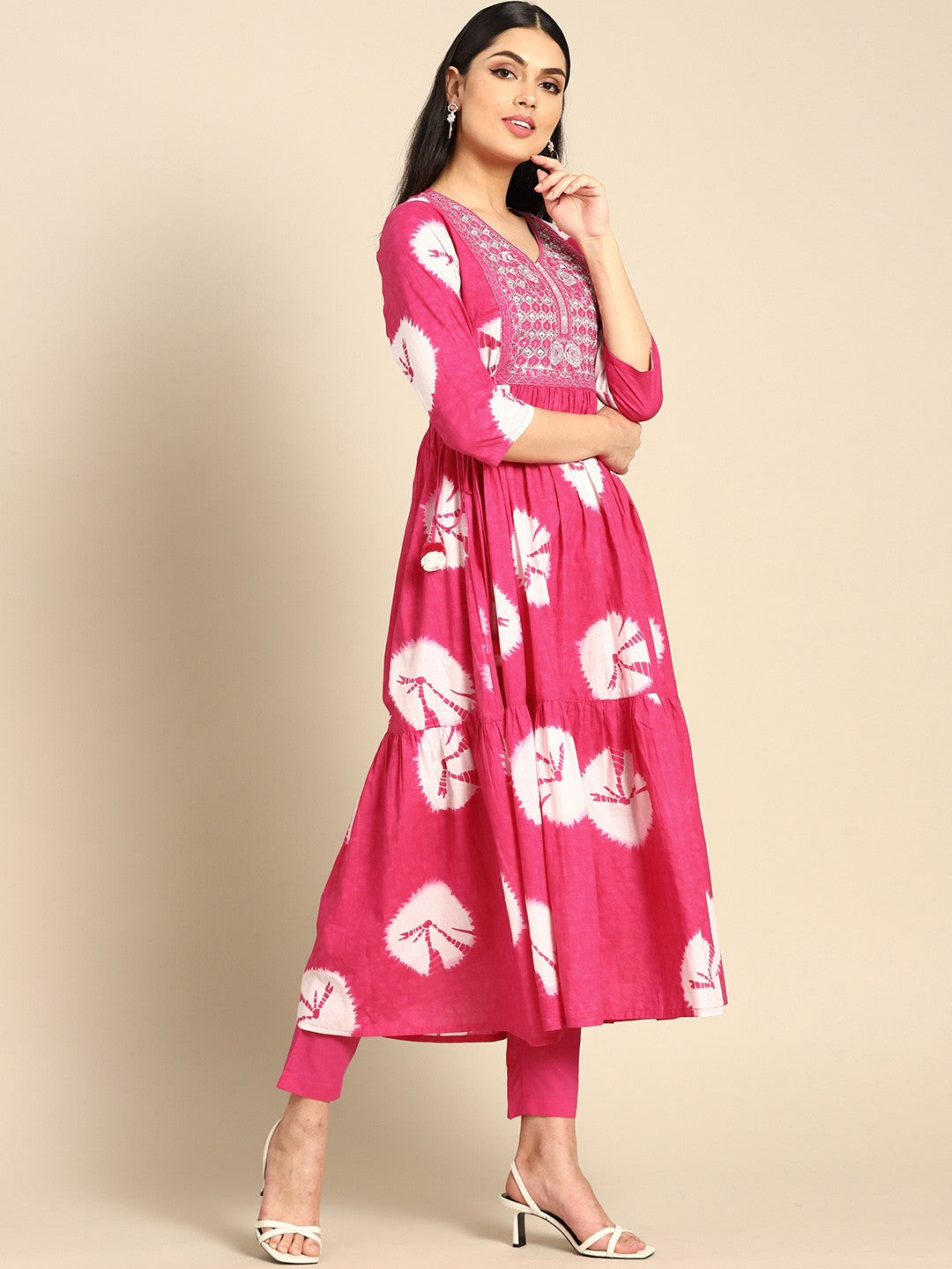 Women Magenta Floral Embroidered Tiered Sequinned Pure Cotton Kurta with Trousers