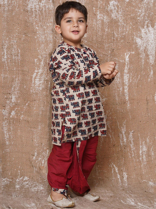 Boys Quirky Printed Pure Cotton Straight Kurta With Dhoti Pants