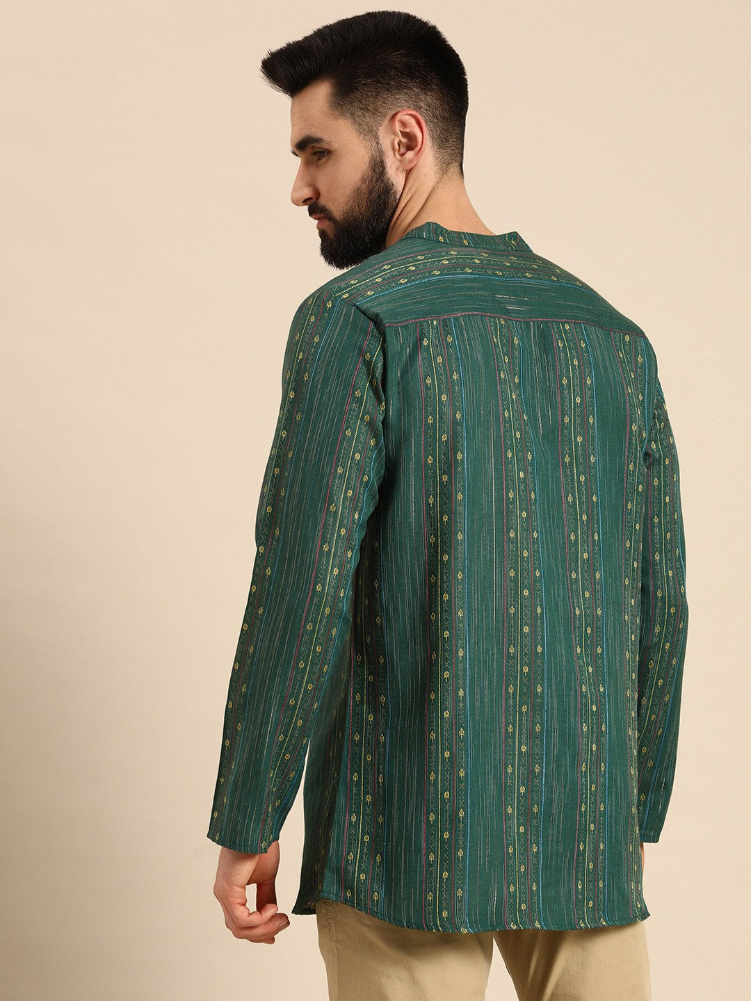 Men Green & Gold-Toned Striped Thread Work Straight Short Kurta