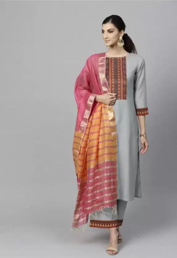 Women Kurta Pant And Dupatta Set Cotton Blend