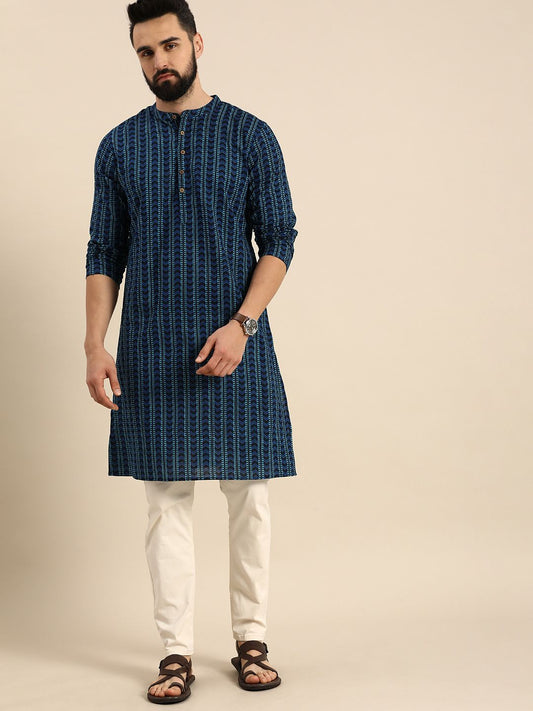 Men Geometric Printed Indigo Pure Cotton Straight Kurta
