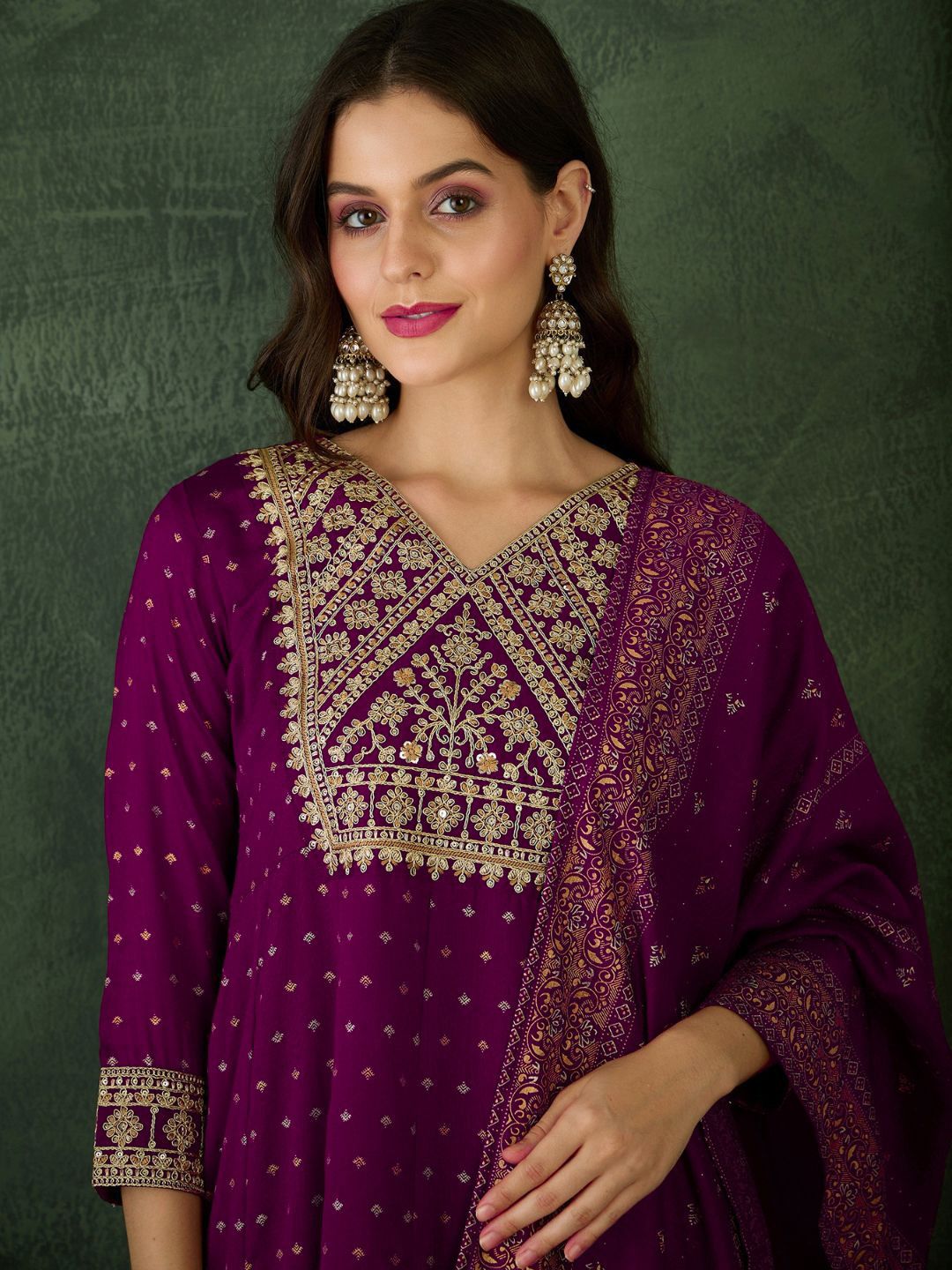 Embroidered Regular Kurta With Trousers & Dupatta