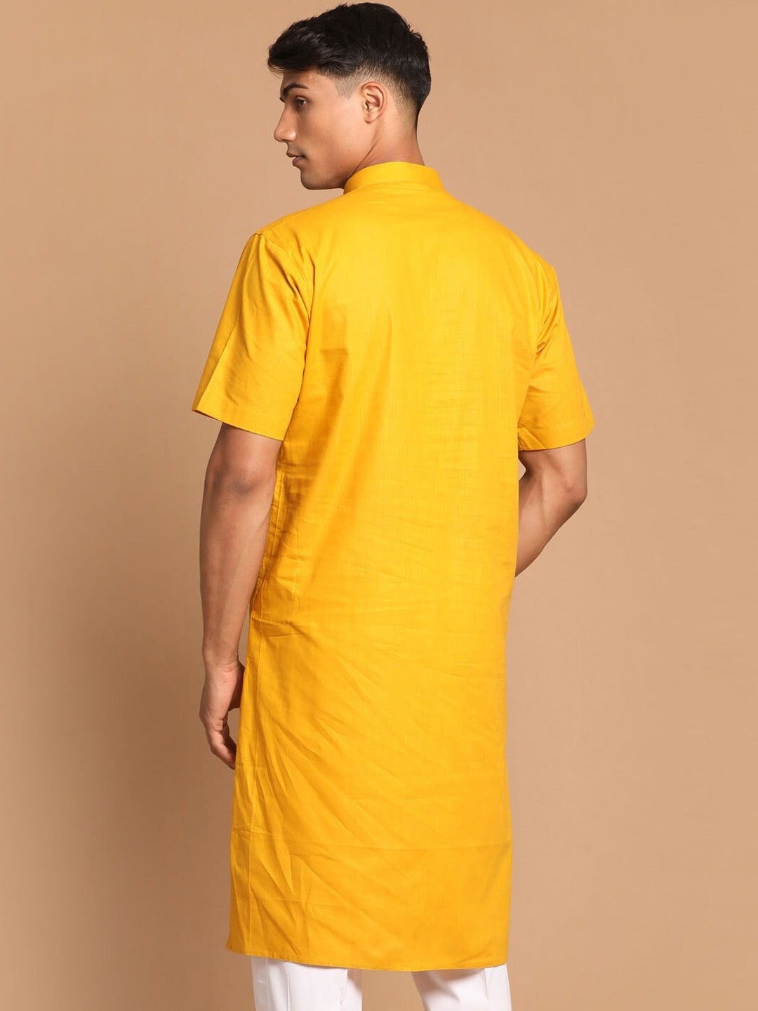 Men Mustard Yellow Cotton Linen Half Sleeves Kurta