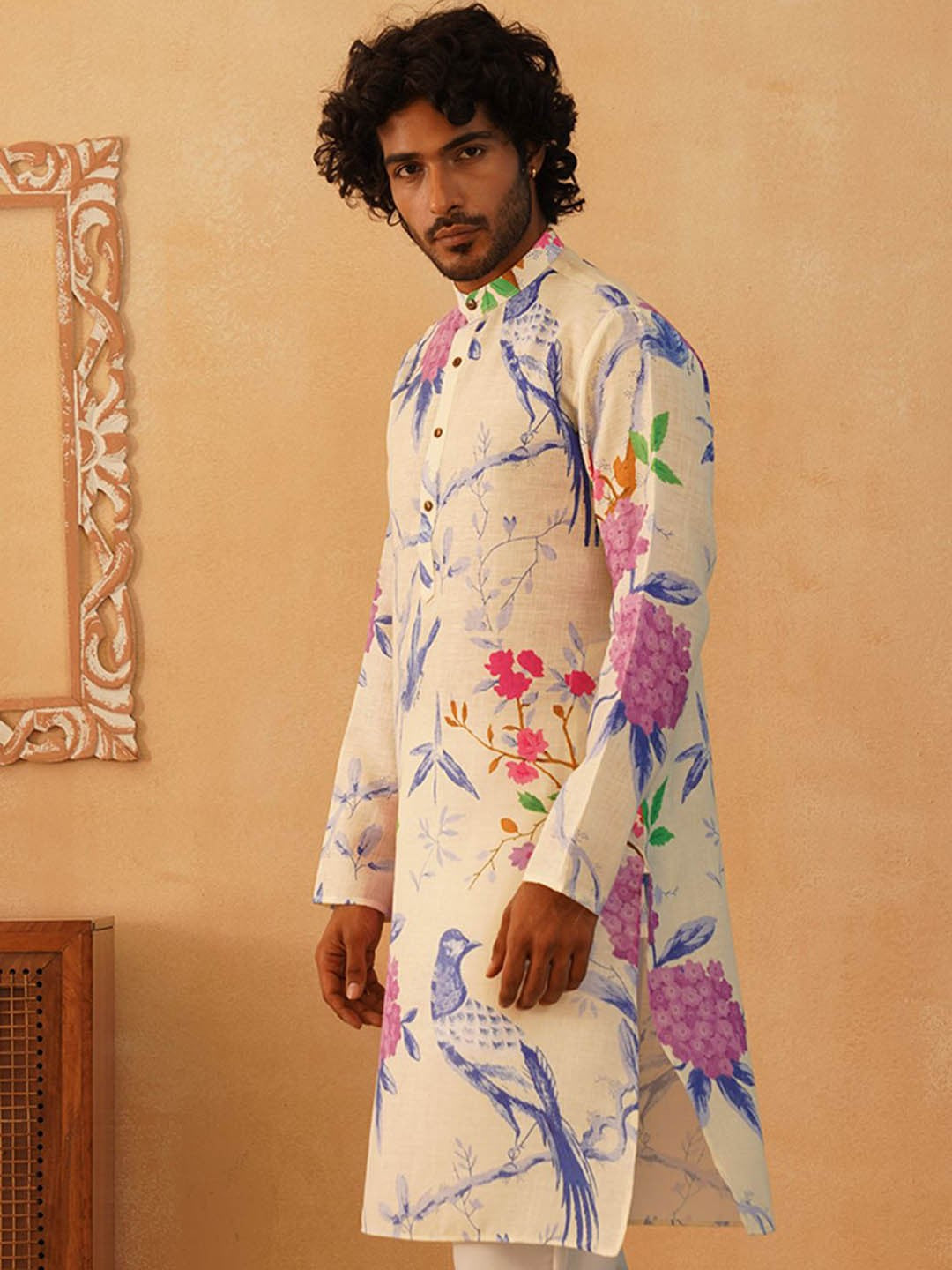 Floral Printed Band Collar Pure Cotton Straight Kurta