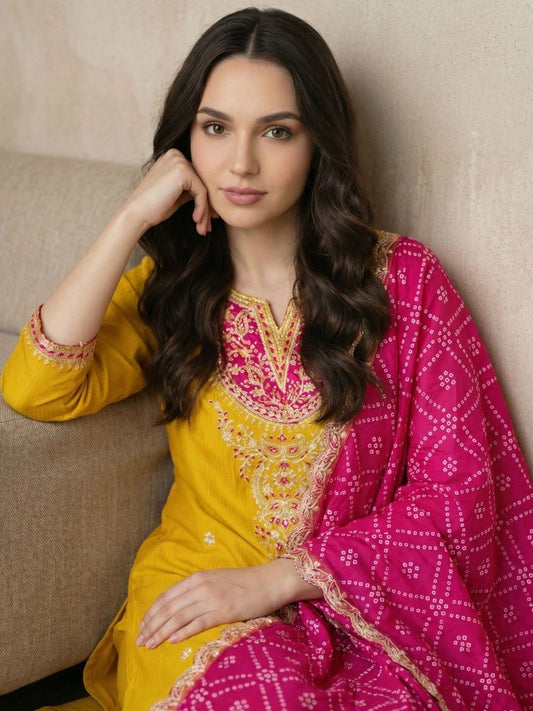 Women Ethnic Motifs Embroidered Regular Kurta with Trousers & With Dupatta