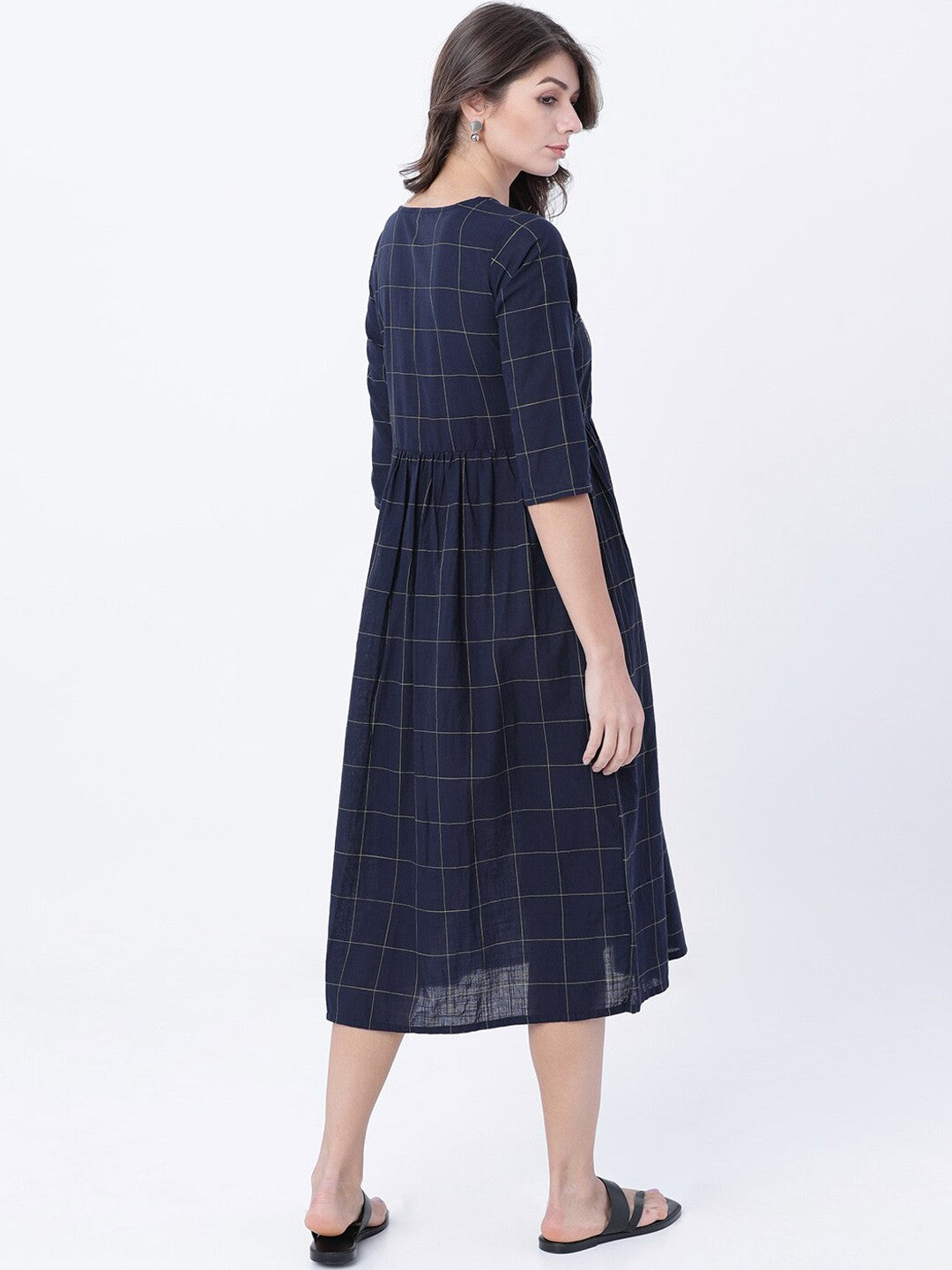 Women Navy Blue Checked Empire Dress