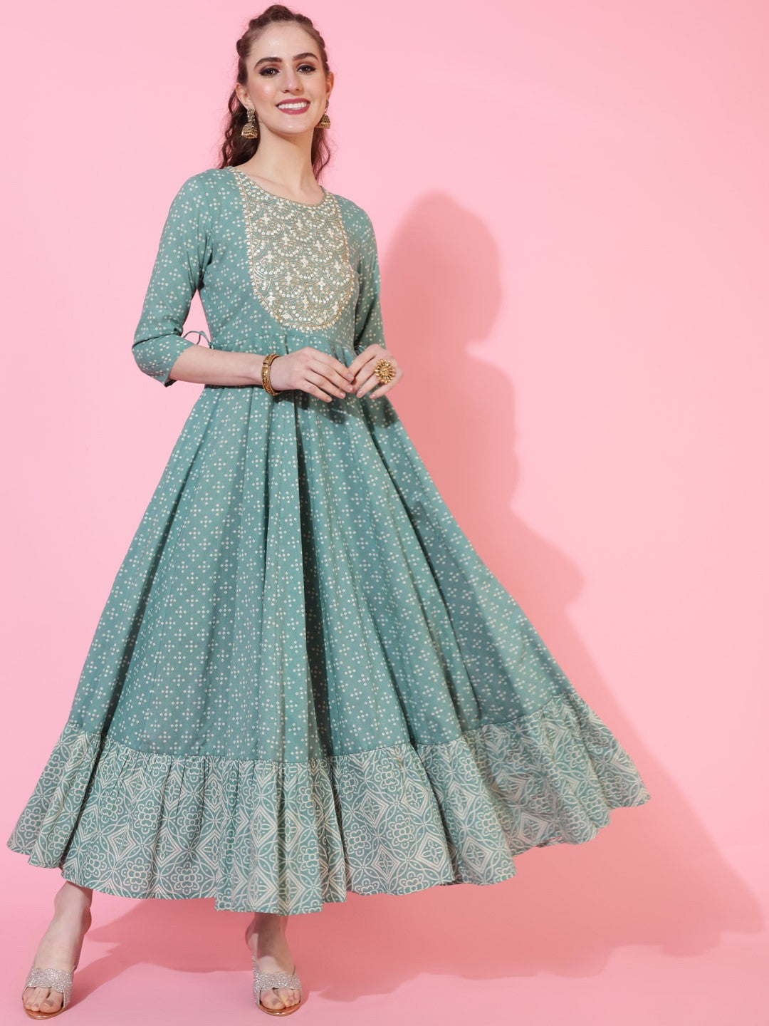 Paisley Keyhole Neck Flared Sleeves Sequinned Anarkali Kurta