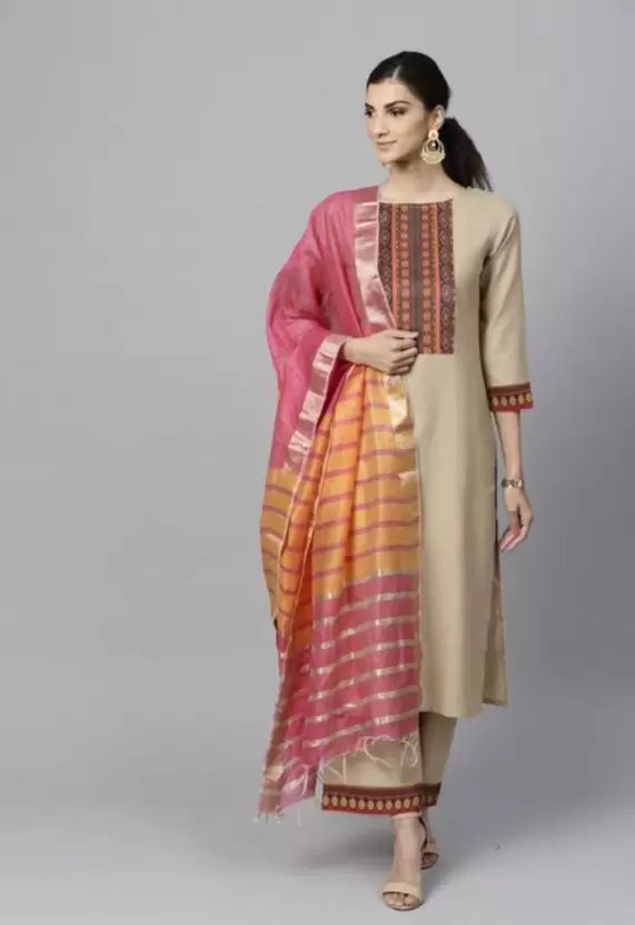 Women Kurta Pant And Dupatta Set Cotton Blend