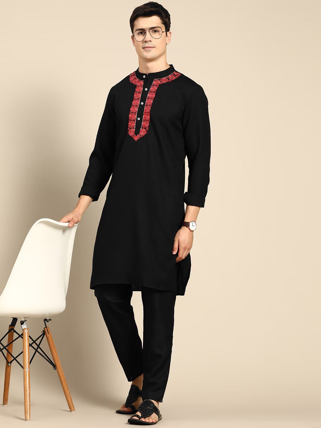Men Black Yoke Design Thread Work Kurta with Pyjamas