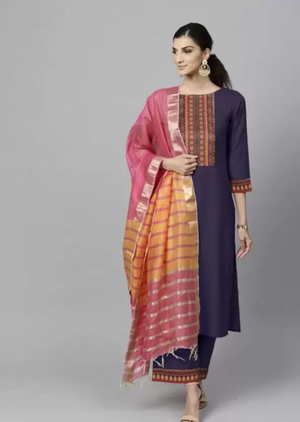 Women Kurta Pant And Dupatta Set Cotton Blend